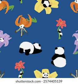 Padrão sem emenda, urso panda, panda, azul, desenhado à mão, rabiscar, infantil, infinito, todo sobre impressão para usar têxtil, tecido, roupas, pano de fundo, papel de parede, casa têxtil, roupas