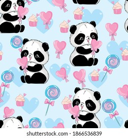 Seamless pattern Panda bear with candy heart vector illustration blue background heart