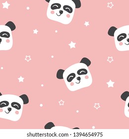 Seamless pattern with panda bear cute funny faces, stars and dots. Vector
