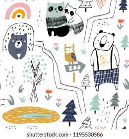 Seamless pattern with panda, bear,owl, crocodile and woodland elements. Creative zoo childish texture. Great for fabric, textile Vector Illustration