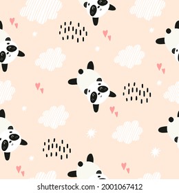 Seamless pattern with panda and clouds. Vector illustration with pandas for the design of children's clothing, fabrics, towels. Cute bear in the clouds. Registration of children's holidays.
