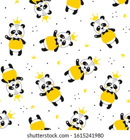 Seamless pattern with panda and crown. Cute kawaii animal. Printable texture. Background for card, banner, flyer, fabric print. Vector Illustration