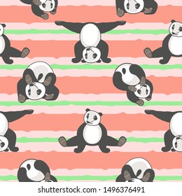 Seamless pattern with panda doing different yoga poses on a pink background with pink and green stripes.