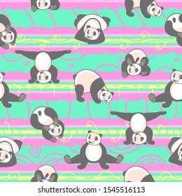 Seamless pattern with a panda doing different yoga poses on a lilac background with a fantasy pattern in the form of stripes.