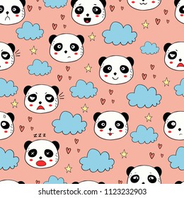 Seamless pattern with panda emoji and clouds. Gread for textile design, banners, phone case design, stickers, baby shower design, wrapping paper, packaging.