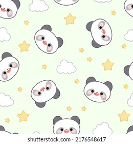 Seamless pattern of panda faces, clouds and stars on a green background.