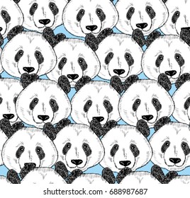 Seamless pattern with panda faces. Endless background with cute animals from China.