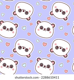 Seamless pattern of panda faces on a purple background with hearts