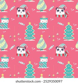 Padrão perfeito com panda, presente e árvores de Natal em estilo cartoon. Fundo rosa. Perfeito para design infantil, têxteis de decoração, cartões de Natal e design de papel de embrulho. Feliz Natal.