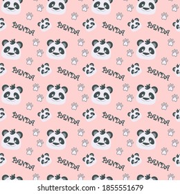 Seamless pattern with panda head and footprint on light pink background