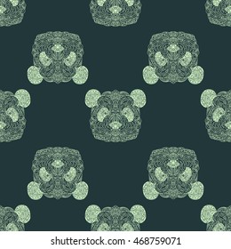 Seamless pattern with panda head, tribal ornaments. Traditional ethnic background, tattoo, African, Indian, Thai, spirituality, boho design. For print, posters, t-shirts, textiles, coloring book.