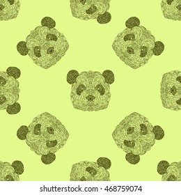 Seamless pattern with panda head, tribal ornaments. Traditional ethnic background, tattoo, African, Indian, Thai, spirituality, boho design. For print, posters, t-shirts, textiles, coloring book.