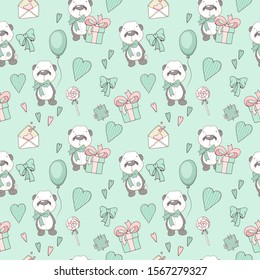 Seamless pattern with panda, heart, gift on mint background.Vector illustration, printable collection. Happy Valentine's Day. Birthday. Love. Children's holiday. Baby shower