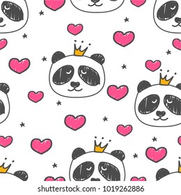 Seamless pattern of Panda and heart. Vector illustration. Children's background for fashionable clothes.