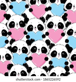 Seamless pattern Panda and heart vector illustration design greeting card for valentine's day 