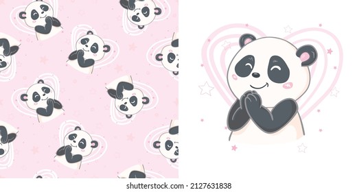 Tarjeta de saludo de diseño para el día de San Valentín de diseño sin foco Panda y de ilustración de vector cardíaco