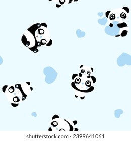 Seamless pattern Panda and heart vector illustration design greeting card for valentine's day, background with hearts for Kids