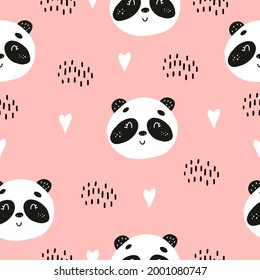 Seamless pattern with panda and hearts. Vector illustration with pandas for the design of children's clothing, fabrics. Cute bear. Flat doodle style. Vector illustration.