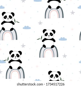 Seamless pattern The panda held a bamboo leaf sitting on the rainbow and had clouds floating next to it. Animal background cartoon character cute hand-drawn style in children. Vector illustration