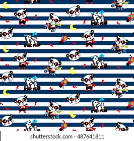 Seamless pattern with panda hero cartoon /Panda boy with motorcycle on lined background /Vector print for children wear.