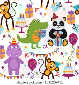 seamless pattern with panda hippopotamus monkey crocodile Happy Birthday - vector illustration, eps