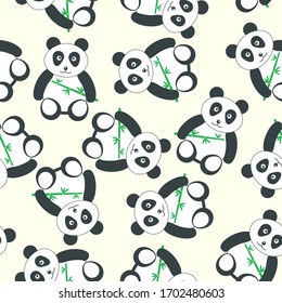 Seamless pattern with panda holding bamboo.