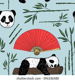 Seamless pattern with panda, Japanese fan and bamboo. Japanese background
