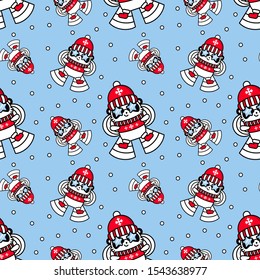 Seamless pattern of Panda kawaii santa. Cute vector happy bear in christmas hat makes an angel in the snow.  