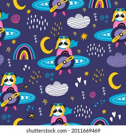 Seamless pattern with panda, moon, helicopter, rainbow, stars. Cute children's pattern with a panda for decorating a children's room. A bear with a helicopter in the sky.