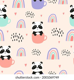 Seamless pattern with a panda in a mug with rainbows. Vector illustration with pandas for the design of children's clothing, fabrics, towels. A cute bear with a rainbow is sitting in a mug. 