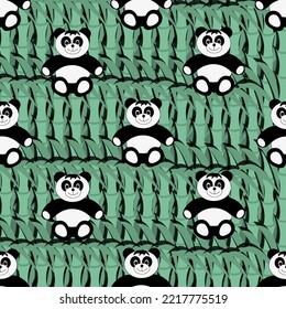 Seamless pattern with panda on green background. Set of chinese bear on bamboo backdrop. 