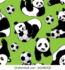 Seamless pattern with panda playing football. Hand drawing