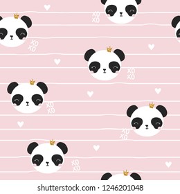 Seamless pattern with panda princess. Cute kids print. Vector hand drawn illustration.