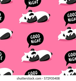 Seamless pattern with panda sleeping on a pillow. Good night. Cover for wrapping and textile. Vector background.