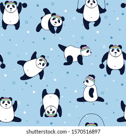 seamless pattern Panda sports, cute bear in different poses, vector cartoon design