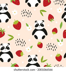 Seamless pattern with panda and strawberries. Vector illustration with pandas for the design of children's clothing, fabrics, towels. Cute bear with fruit. Registration of children's holidays.