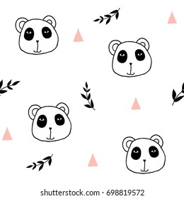 Seamless pattern with panda, tropical leaves, triangles. Cute cartoon background for kids. Hand drawn characters. Cute cartoon background for kids. Childish texture for paper, textile, nursery design