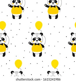 Seamless pattern with panda waving and ballon. Cute kawaii animal. Printable texture. Background for card, banner, flyer, fabric print. Vector Illustration