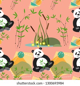 Seamless pattern with pandas, bamboo and abstract elements on pink background. Vector illustration