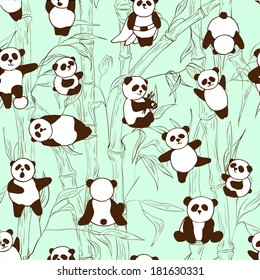 Seamless pattern with pandas and bamboo. Vector illustration.