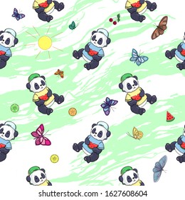 Seamless pattern with pandas, buttrrflies and summer fruits. Vector illustration.