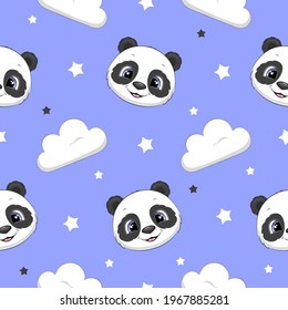 Seamless pattern with pandas and clouds on a blue background with stars. Night vector pattern.