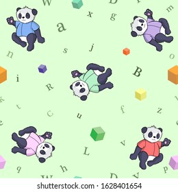 Seamless pattern with pandas, 
cubes and alphabet. Vector illustration.
