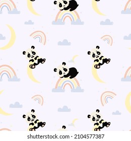Nahtloses Muster mit Pandas. Ruhige Schlafpanda auf Regenbogen mit spielerischem Teddybär auf Mond auf blauem Hintergrund mit Wolken und Regenbögen. Vektorgrafik. Skandinavische Kinderkollektion für Design