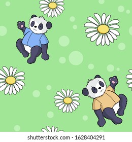 Seamless pattern with pandas and 
daisies. Vector illustration.