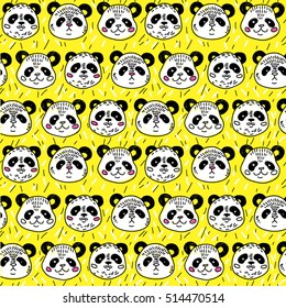  Seamless pattern with pandas. Drawing by hand, a child's drawing. China, Asia. Funny bears.
