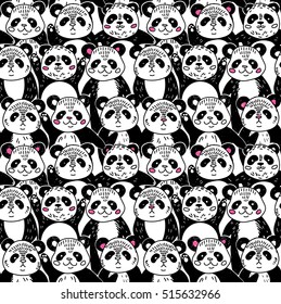  Seamless pattern with pandas. Drawing by hand, a child's drawing. China, Asia. Funny bears.