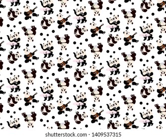 Seamless pattern with pandas. Pandas with flute, guitar and dancers.