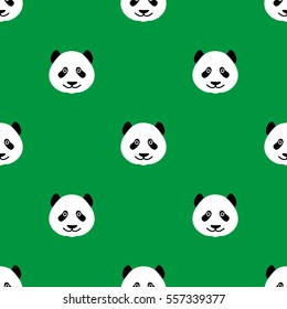 Seamless pattern with pandas heads on a green background. Vector background.