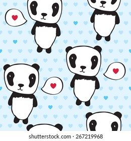 Seamless pattern with pandas and hearts. Blue background. Wrapping paper, cloth. Vector.